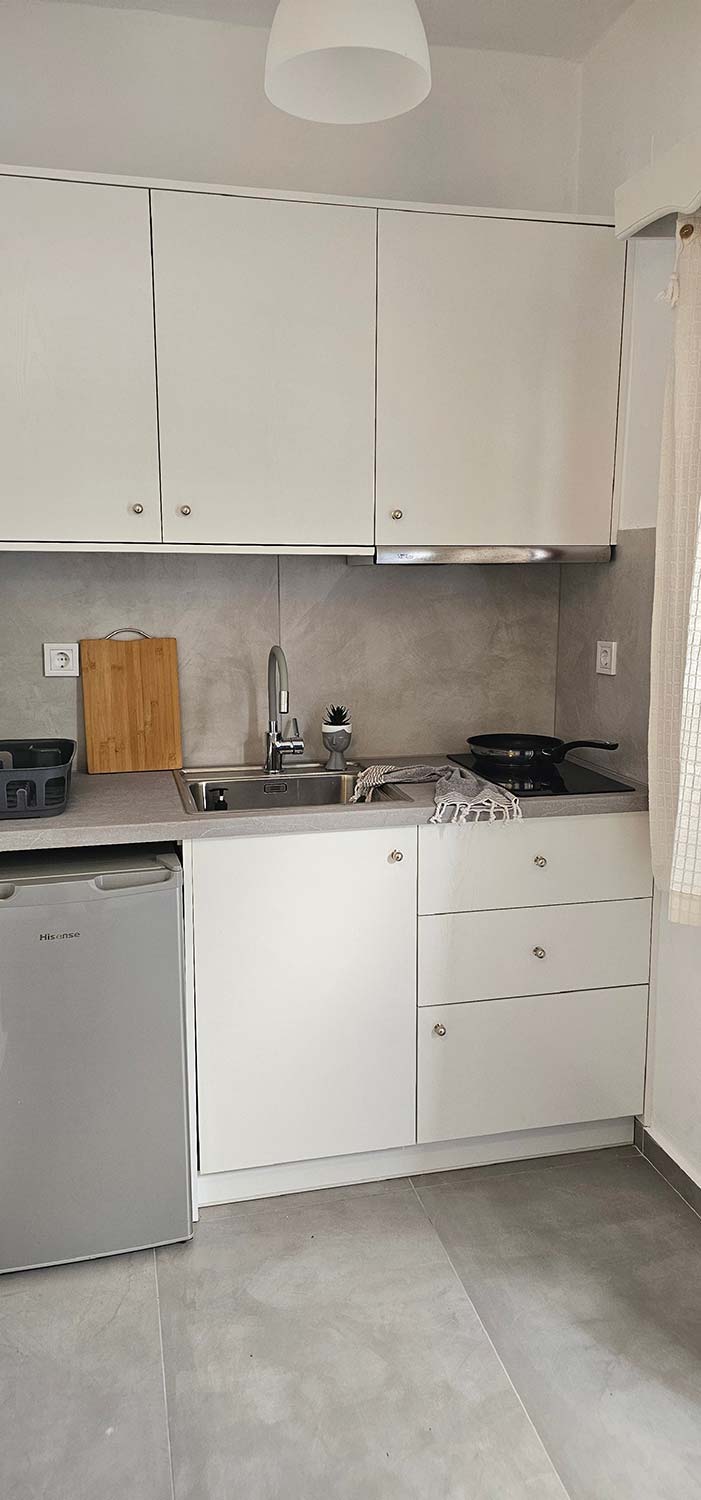 Το κουζινάκι του Studio 1 με ψυγείο, νεροχύτη και εστίες